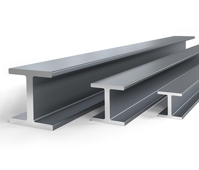 Stacked S275 and S355 mild-steel H-beams ready for fabrication