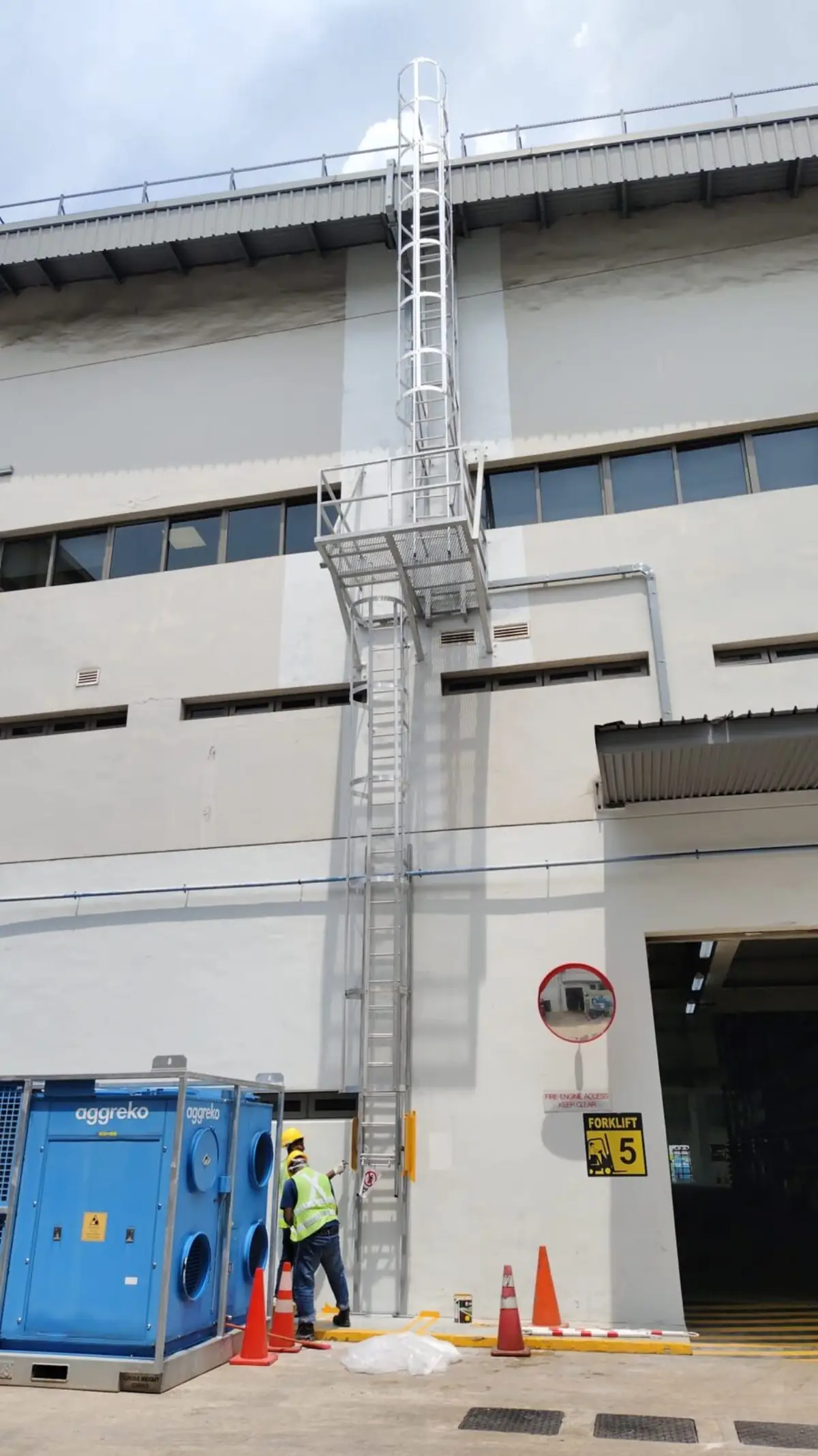 Buroh Street cat ladder with intermediate platform and roof-access cage, worker in PPE at base